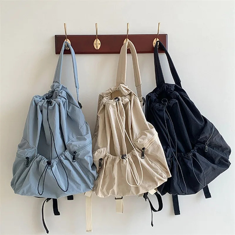 Ruched Drawsting Backpacks For Women Casual Nylon Lady Backpacks Light Weight Students Bag Large Capacity Travel Sac 250408