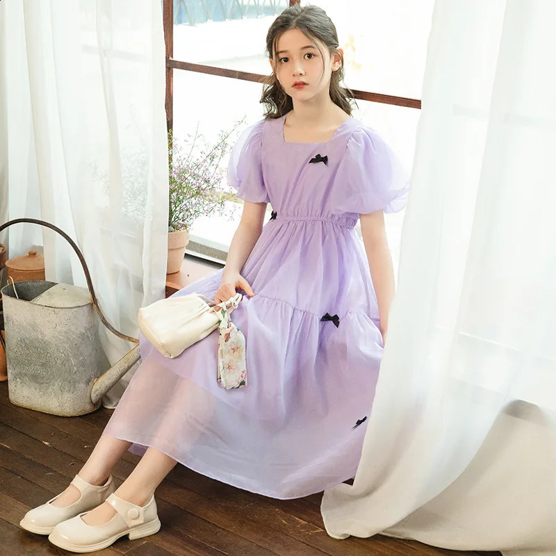 summer Lace Princess Kids square collar Girls Clothes mesh V NECK tall Layered Dress bowknot cotton 8 9 10 11 12 year 250408