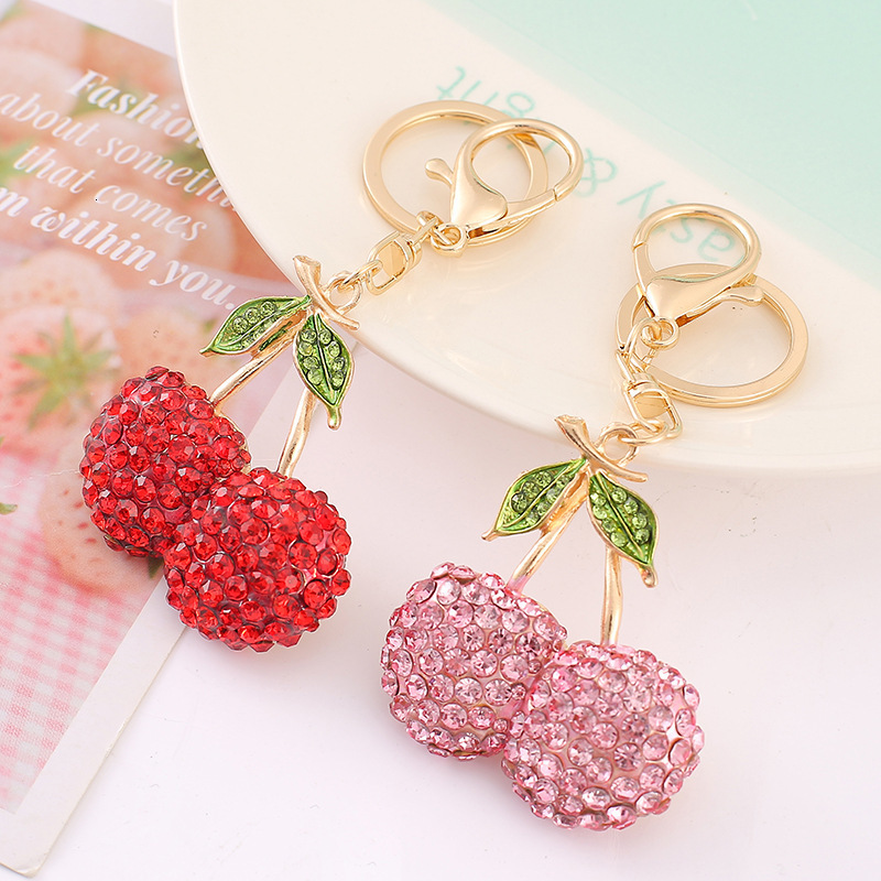 Creative new alloy cherry keychain 3D three-dimensional rhinestone fruit keychain Valentines Day gift company gift 241031