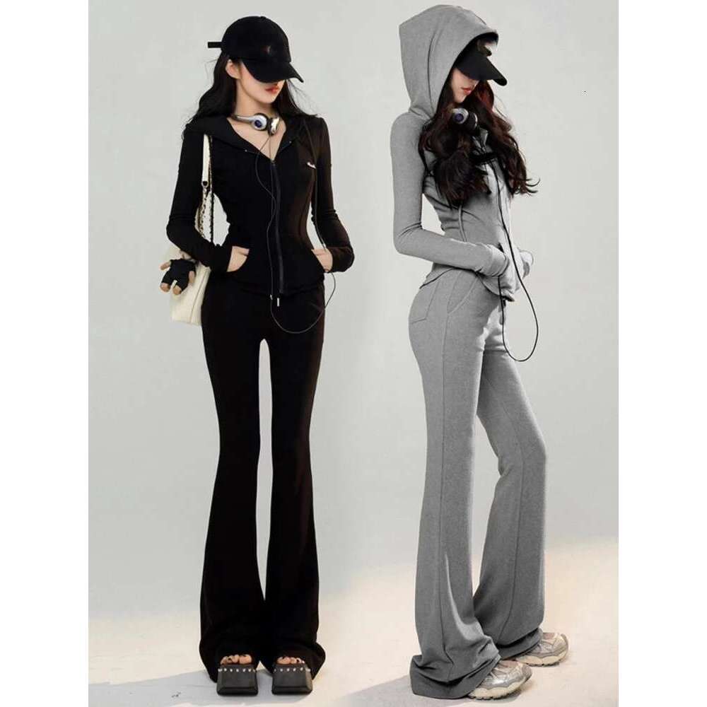 Y2k High Street Two Piece Set Tracksuit Women Hooded Zipper Jacket + Drawstring Wide Leg Pants Korean Fashion Solid Slim Outfits