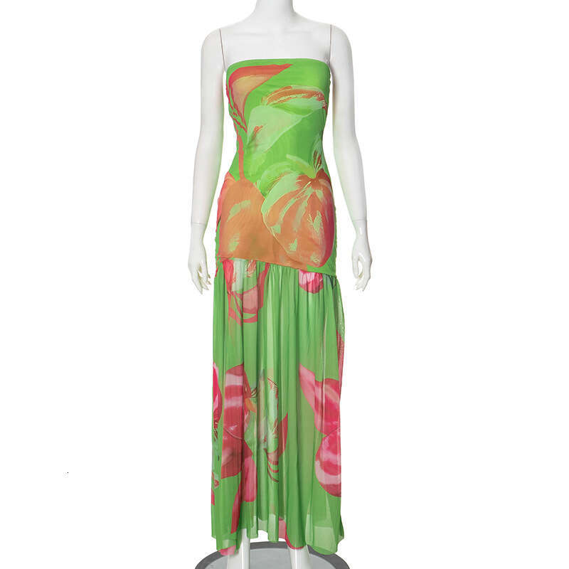 European and American style summer women's strapless leopard print slit mesh patchwork dress wholesale temperament versatile new trendy clothing