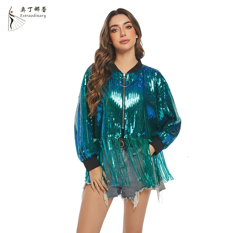 Womens sequin fringe jacket long sleeved front zipper casual glitter party fashion reversible hiphop 250407