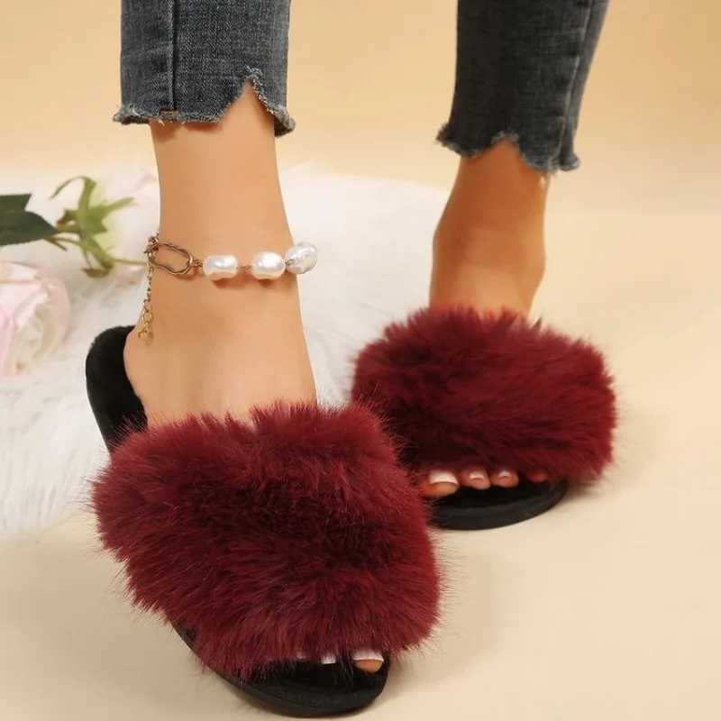 Winter 2024 womens Fi fur slider fluffy cute plush womens luxury outdoor non slip durable flat bottom sliderXJ250407