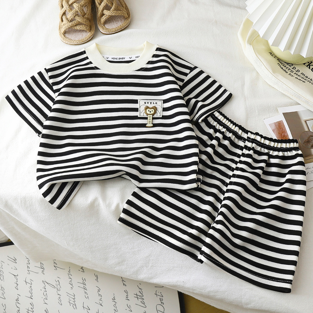 Ddmyshoesvip Children S Short Sleeved Set With Black And White Stripes Boys T Shirt Baby S Summer Children S Clothing Girls Shorts New Baby Clothes