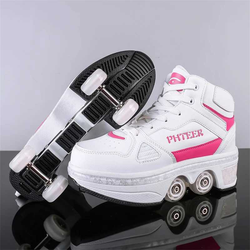 Boys and Girls Angry Shoes Four Wheel Student Edition Childrens Roller Skating Lace Retractable Wheel Adult Walking Skating Shoes W250407