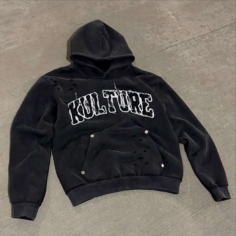 American cotton post apocalyptic wasteland style men's and women's patchwork embroidery three-dimensional pattern hole design hooded sweatsh