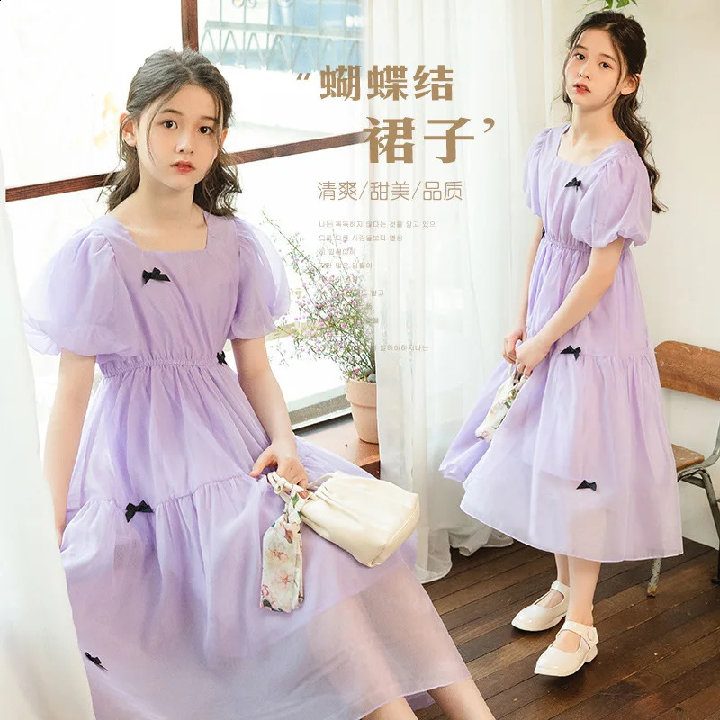 summer Lace Princess Kids square collar Girls Clothes mesh V NECK tall Layered Dress bowknot cotton 8 9 10 11 12 year 250408