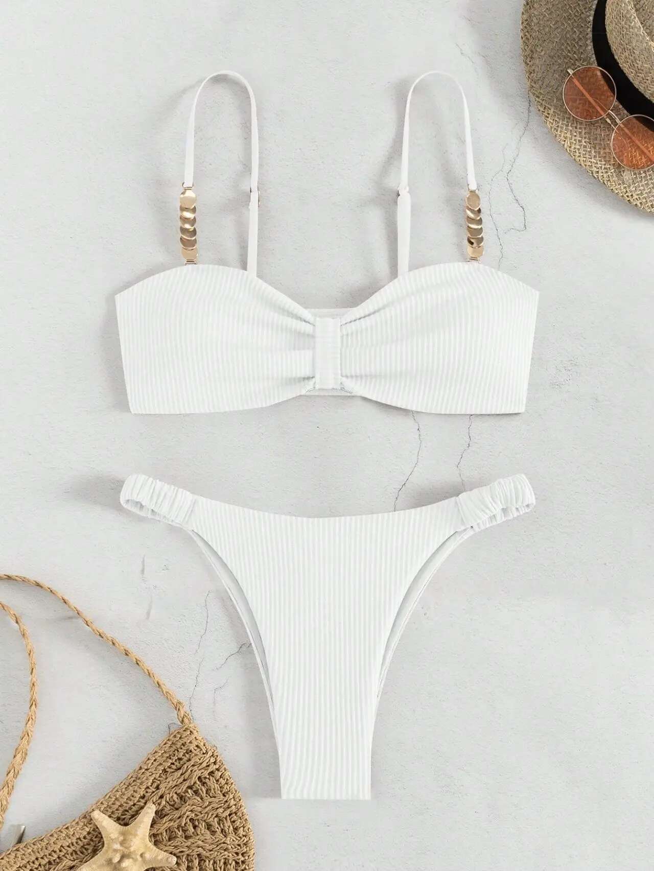 Dongdumaoyi Sexy Front Bow Push Up Bikini Set Women Metal Strap Hollow Out Bra Pleate Thong Swimsuit Summer Bathing Suit White Swimwear