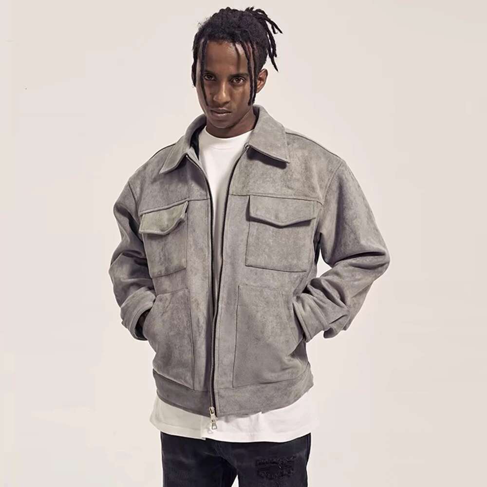Multi-Pocket Suede Jacket Mens Autumn Winter Retro Solid Color Lapel Loose Casual Long Sleeve Zipper Outerwear Men