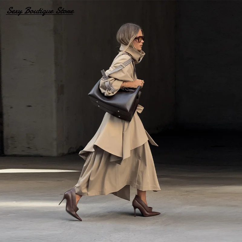 Autumn Winter Elegant High Neck Long Trench Coat For Women Pleated Hem Lace Up Jacket Windproof Overcoat 2025 Lady Outwear 251106