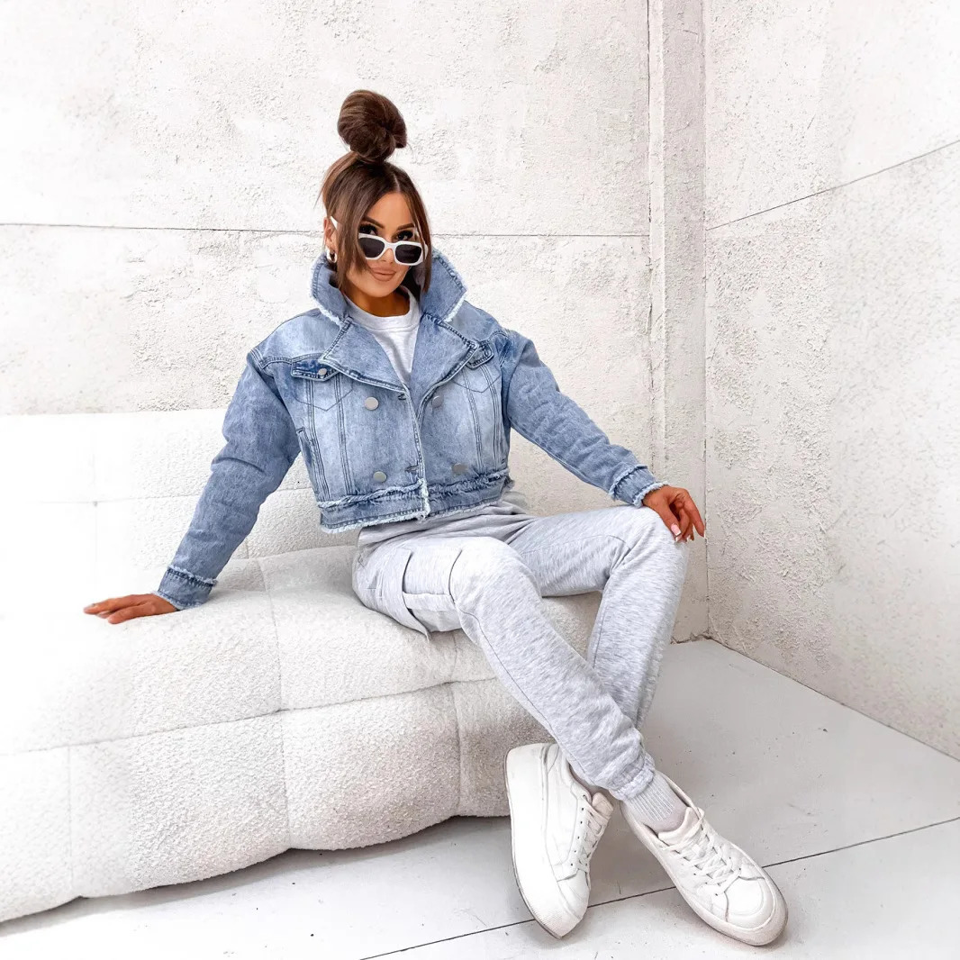 Womens denim jacket short lapel work single chest street clothing splicing Y2k casual blue spring 250407