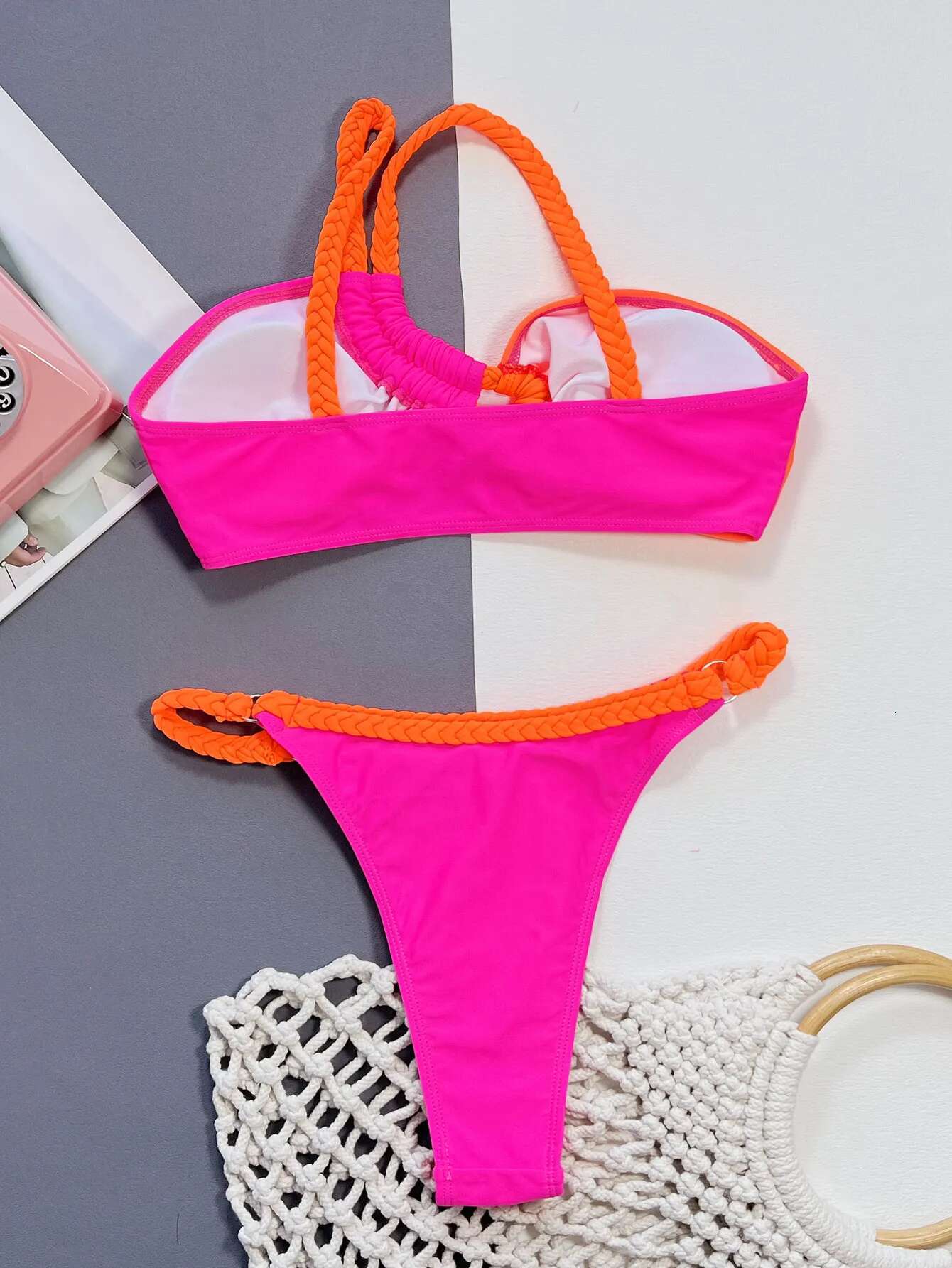 Dongdumaoyi Sexy Orange Hot Pink Contrast Bikini Set Women Rope One Shoulder Hollow Out Push Up Swimsuit Bathing Suit Thong Swimwear