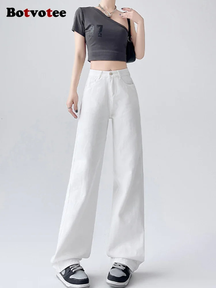 Botvotee White Straight High Waist Womens Jeans SpringSummer Korean Fashion Strap Retro Clothing Blue 250407