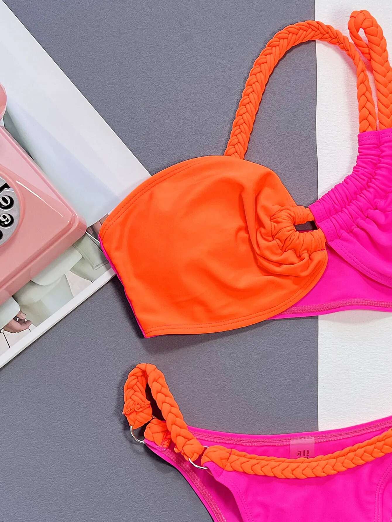Dongdumaoyi Sexy Orange Hot Pink Contrast Bikini Set Women Rope One Shoulder Hollow Out Push Up Swimsuit Bathing Suit Thong Swimwear