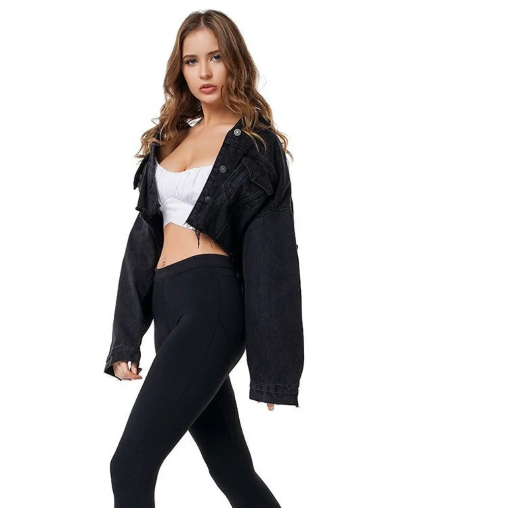 Womens spring jacket black denim lapel cut n vintage oversized Y2K short 250407