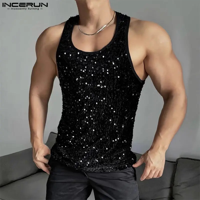 INCERUN Mens Tank Top Sparkling O-Neck Sleeveless Casual Mens Street Dress Summer Fashion Party Mens Wear 250402
