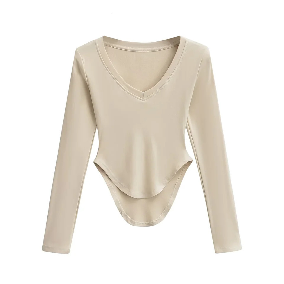 womens long sleeved Tshirt Vneck unique asymmetrical hem n elegant and fashionable Y2K 250407