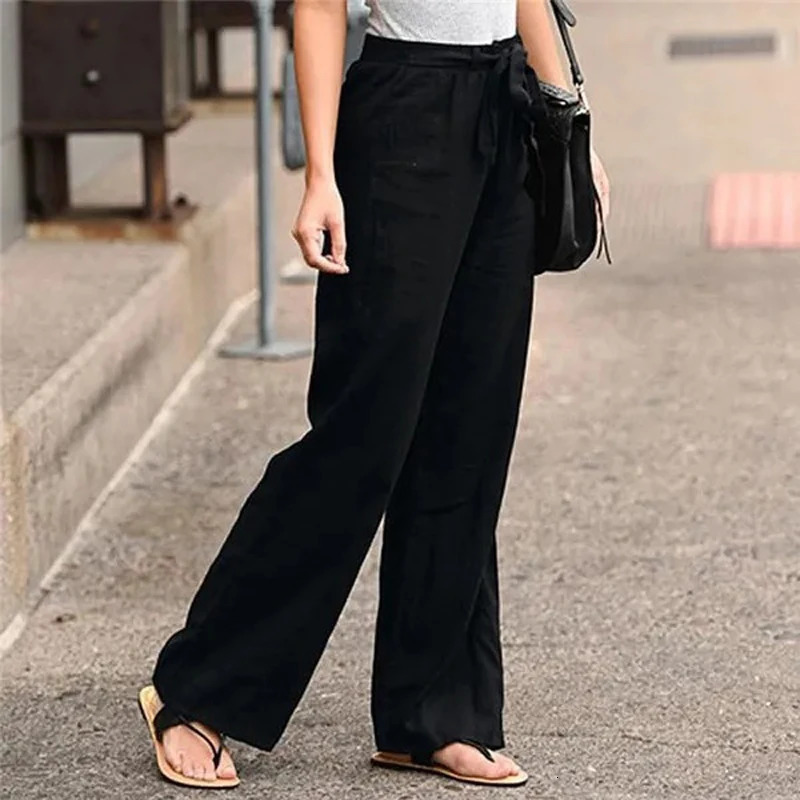 Summer Elastic Waist Women Cotton Linen Pants Hight Waist Ankle-length Oversized Loose Trousers Female Casual Solid Color Pants 250408