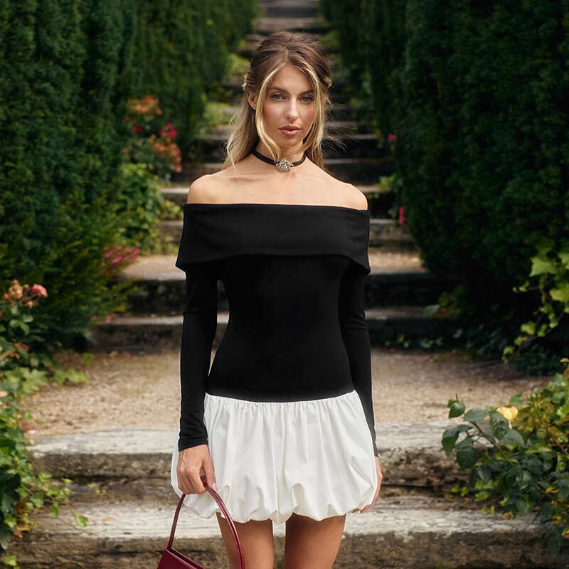 Sanhu Lianjiang G24DS146 European and American women's one necked off shoulder long sleeved patchwork wer bud skirt wholesale new casual versatil