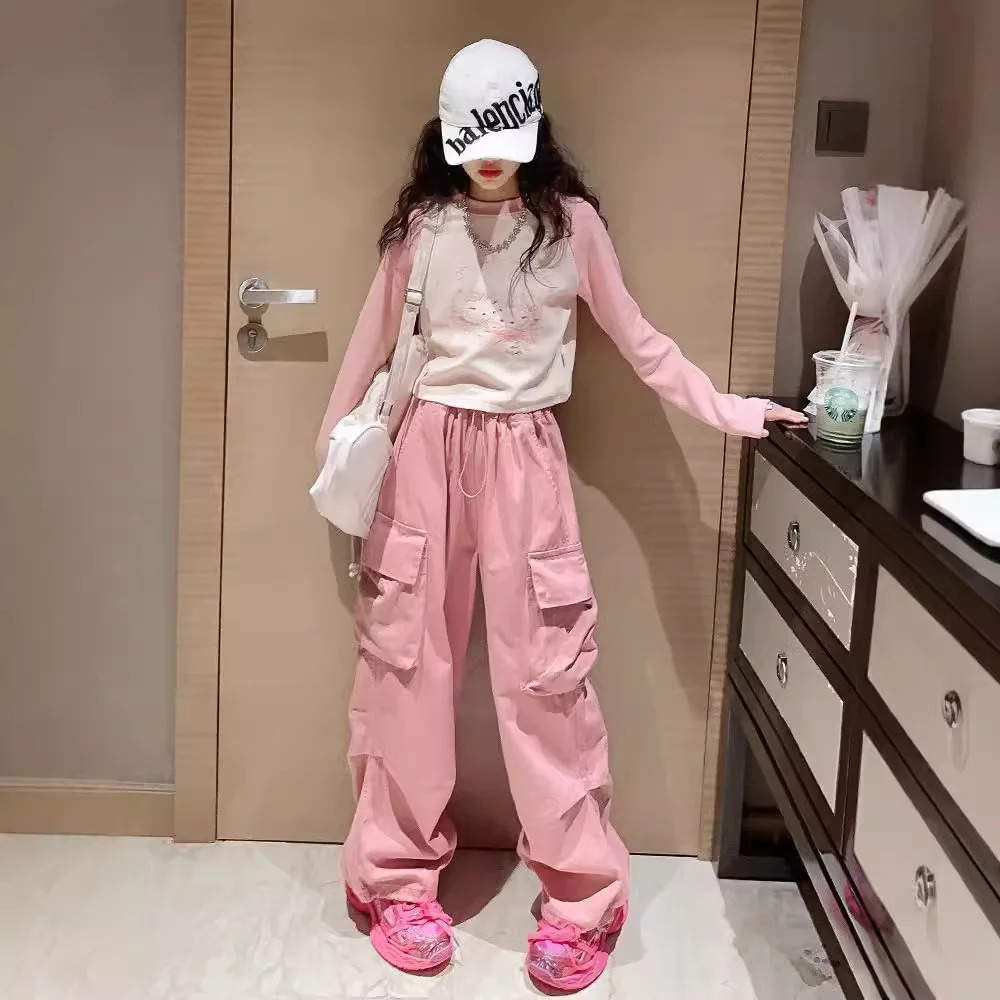 2025 spring summer Kids tracksuit Children set Girls Clothes crop top T-Shirt wide leg Cargo Pants Teens 4 5 6 8 10 11 12 year 250407