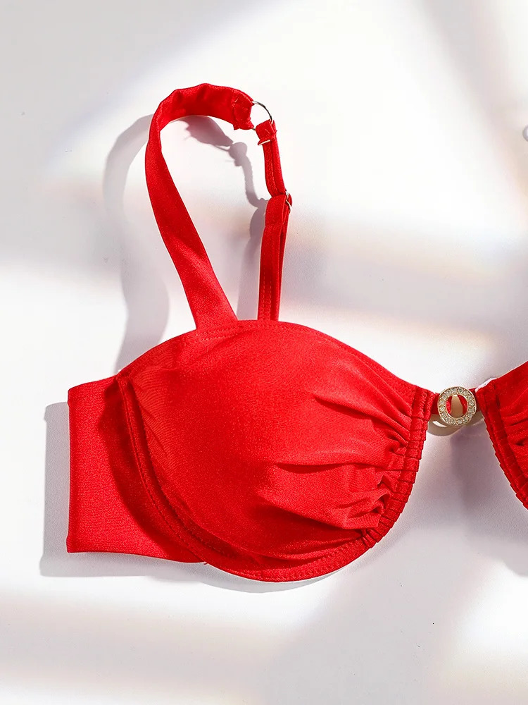 push style bikini sexy striped swimsuit red womens summer beachwear ring belt set 250408