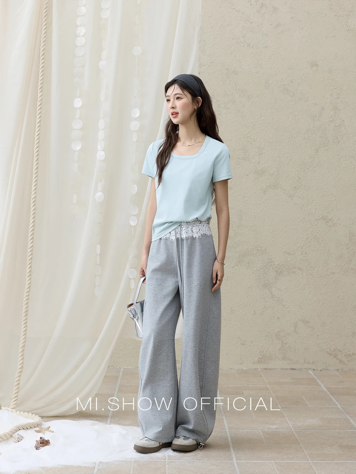 MISHOW grey casual summer pants for women lace brushed straight wide leg womens fashion ultrathin MXE31K0916 250407