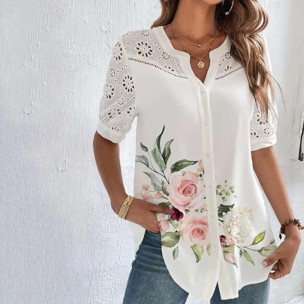 Temperament Casual Lace Woman Shirt Fashion Loose Shirt Woman Elegant Short Sleeve Blouse Holiday Weekend 250401