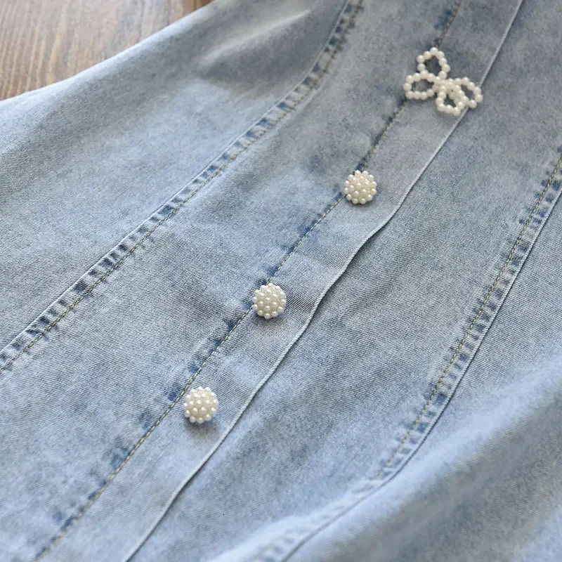Children Girls Beads Lace Sleeve Denim Dress Toddler Fashion Summer Dresses 250407