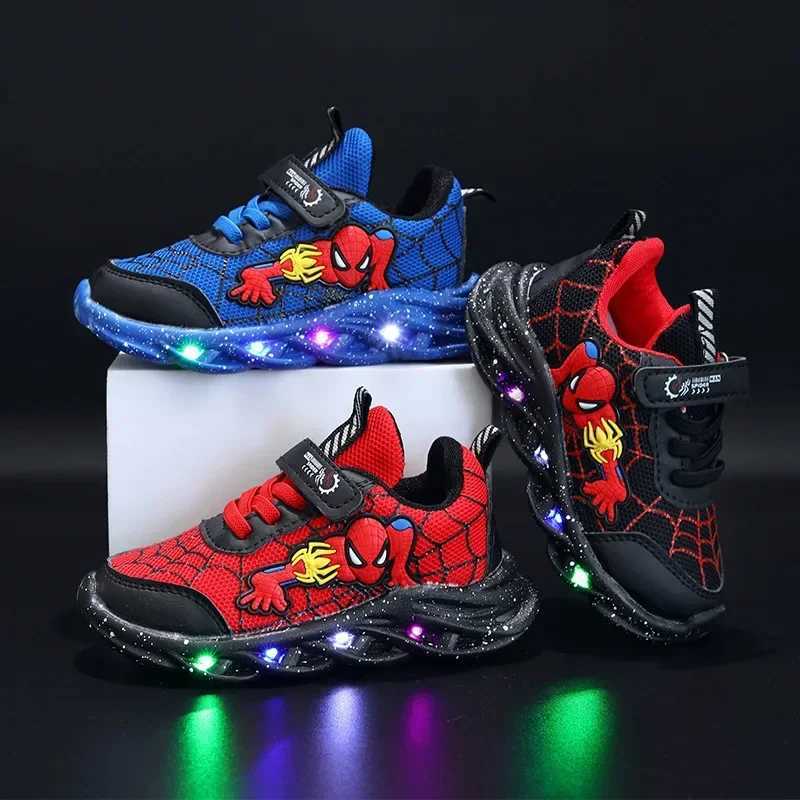 LED casual sports shoes red black suitable for Spring Boys Spiderman grid outdoor shoes childrens lights anti slip shoe size 21-30 W250407