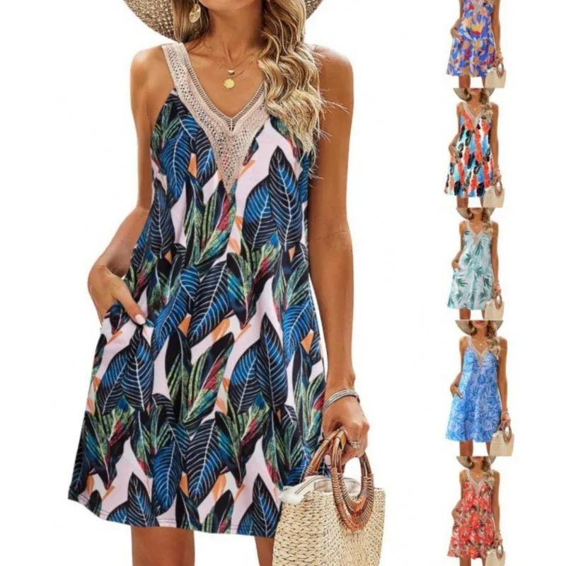 Womens Summer Beach Mini Tank Dress Fashion Lace V-neck Tank Top Dress Casual Tropical Printed Sleeveless Loose Simple Dress Womens 250401