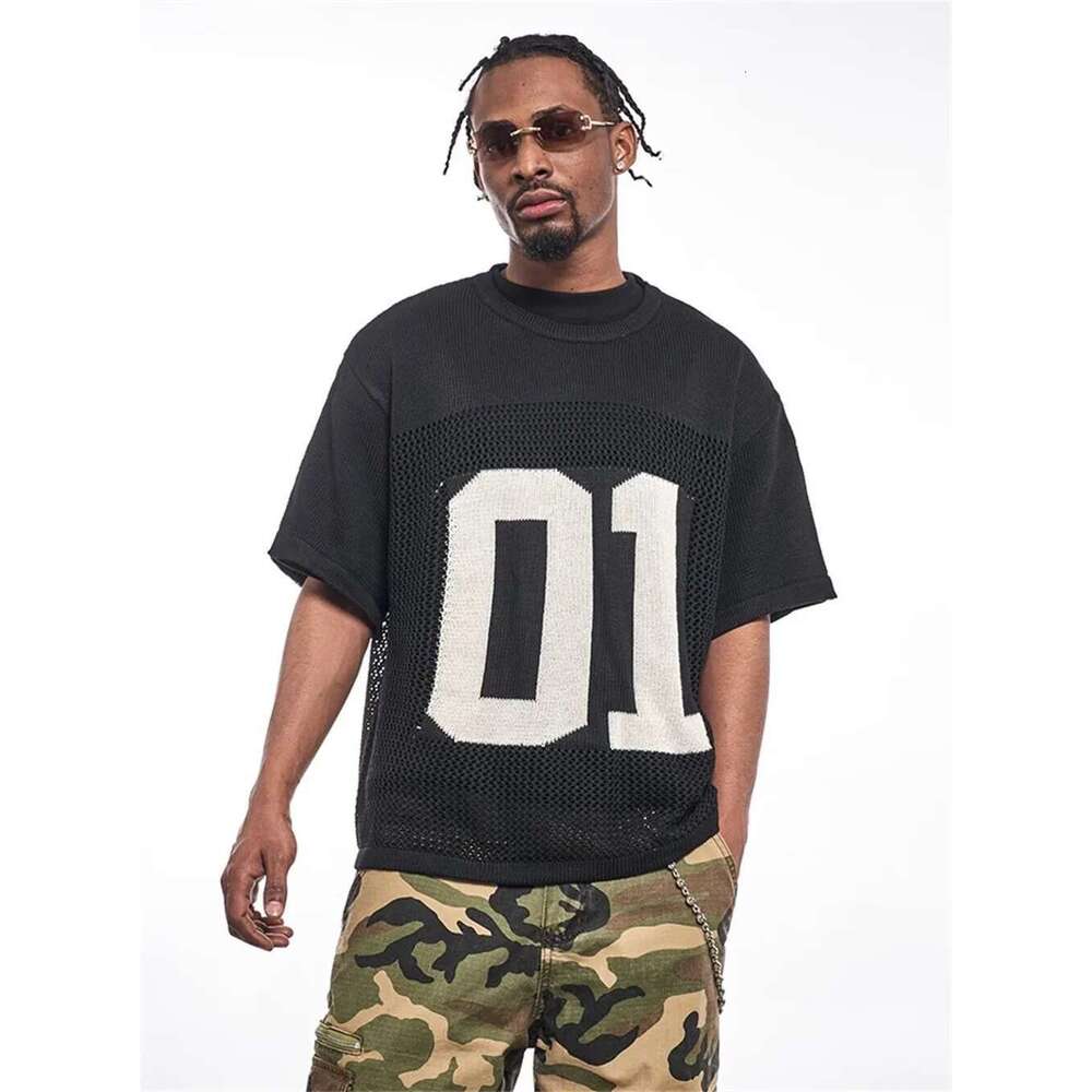 Hollow Out Letter Jacquard Knitted T-Shirt Mens Summer High Street Loose Crew Neck Half-Sleeve Breathable Tee Men