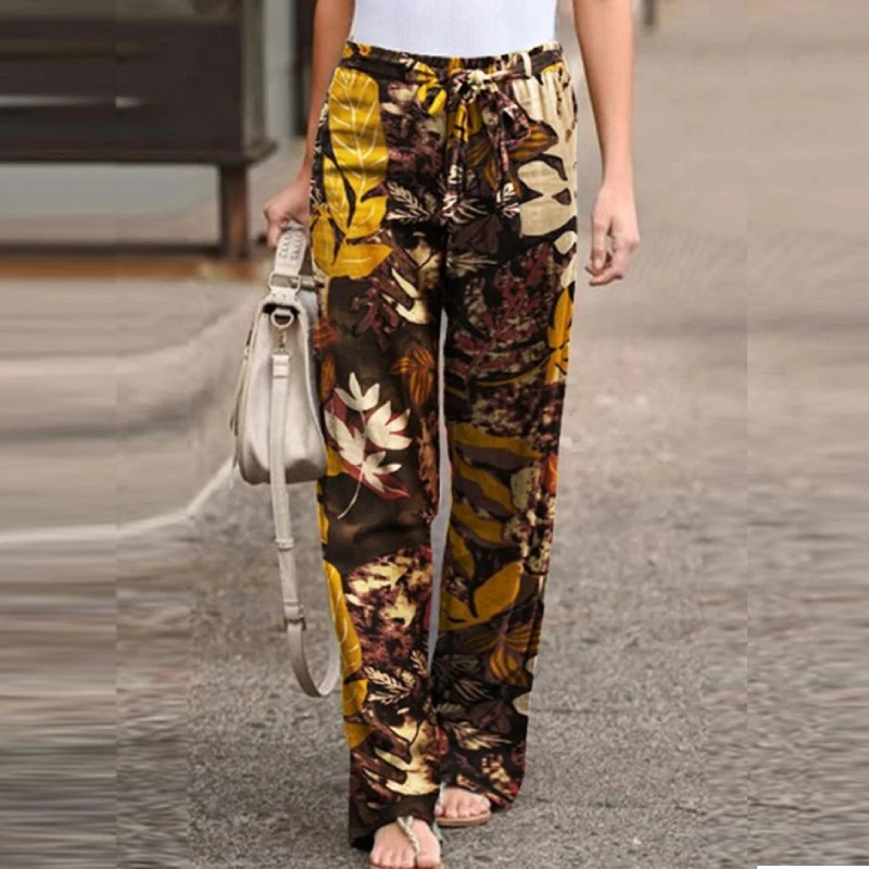 Vintage Women Drawstring Trousers Spring Autumn Fashion Floral Printed Wide Leg Pants Ladies Casual Loose Long Pantalones 250408
