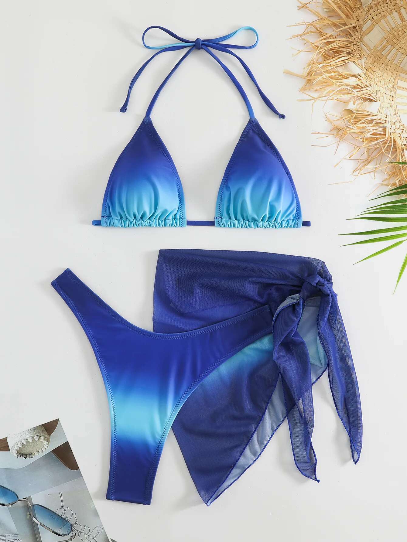 Dongdumaoyi Sexy Brown Gradient Bikini Swimwear Women Halter Push Up Bra Mesh Skirt Piece Swimsuit Bathing Suit Cover Bikinis Sets