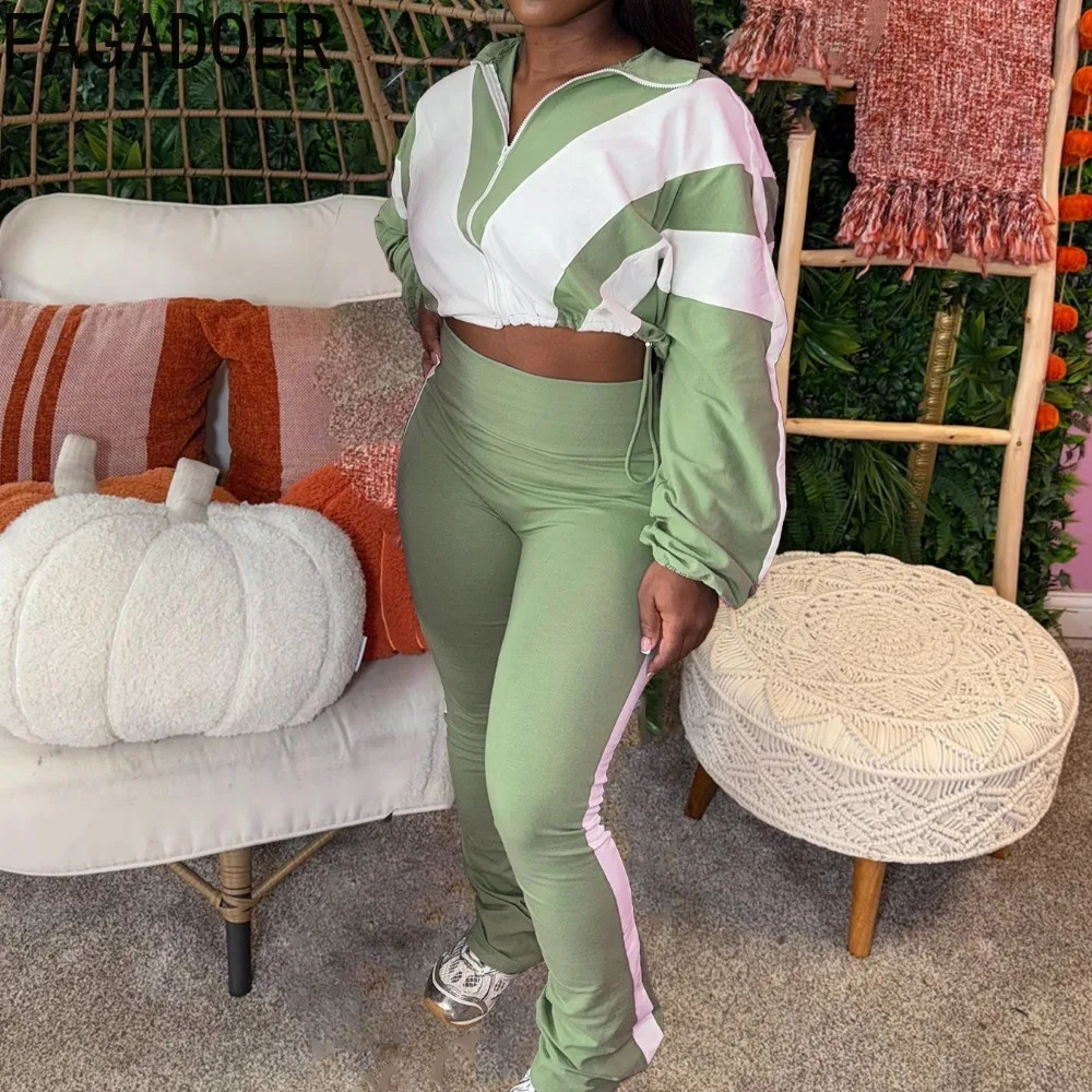 FAGADOER Spring Casual Two Piece Outfits Woman Color Block Long Sleeve Zipper Jacket and Jogger Pants Tracksuit Streetwear 250407