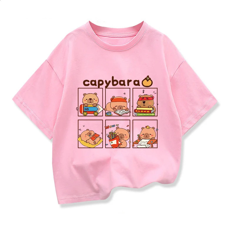 Children Short Sleeved Tees tshirt Cute Capibara Kids Cotton O-neck Casual Tops Loose T-shirt For Summer Teen Boys Clothes 250408