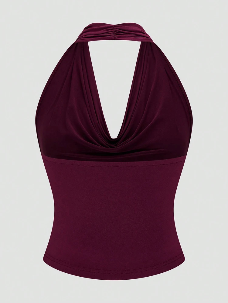 Plus Size Ms. Burgundy Sexy Romantic Urban Woman Sleeveless Neck Swing Neck Top Split Half Skirt Long Skirt Two Piece Set 250408