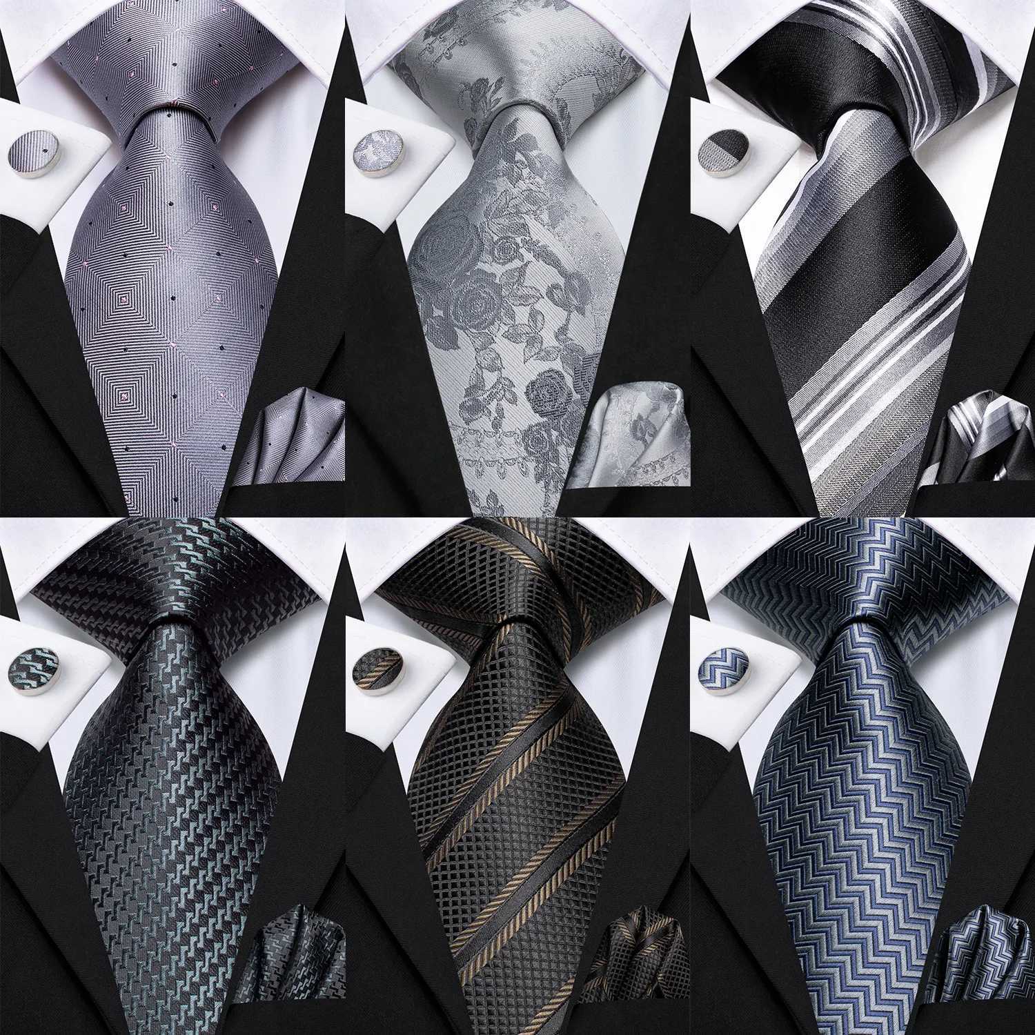 Hi-Tie New Smoke Grey Silk Tie For Men Elegant Mens Necktie Pocket Square Cufflink Gro Wedding Accessory Wholes Designer X250407