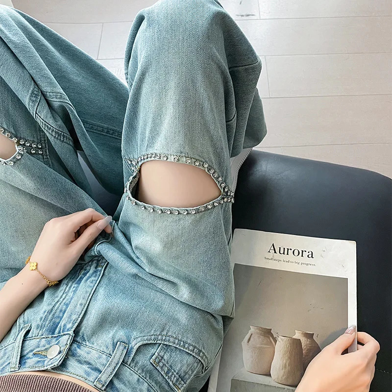 Diamond hollow wide leg jeans womens pants spring and summer high waisted loose thin drawstring straight 250407