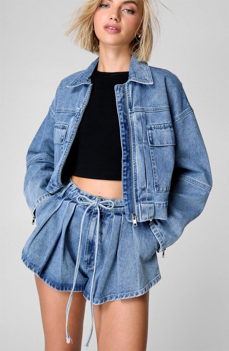 Womens Clothing Spring New Long Sleeve Denim Jacket Women's Loose Casual Multi Pocket Workwear Shorts Set