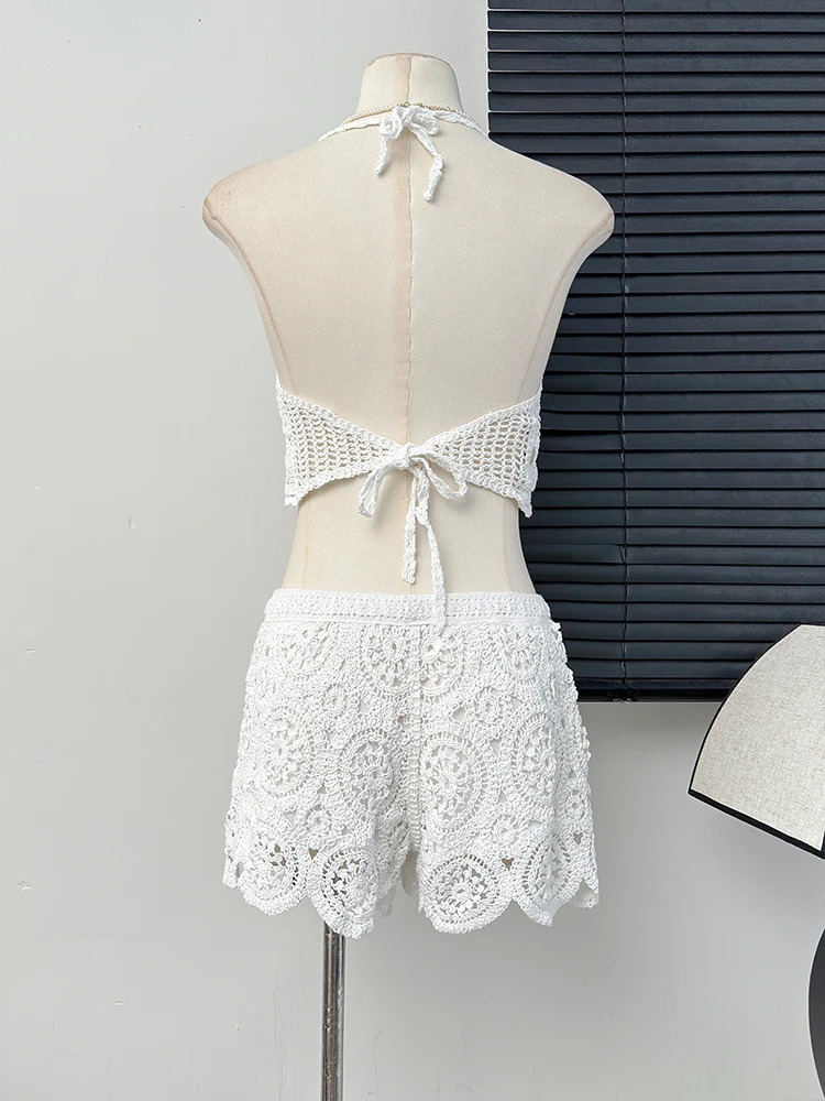 Summer Womens Hollow Crochet Knitted Tank TopSolid Color Crochet Shorts 2-piece Set Seaside Holiday 250401
