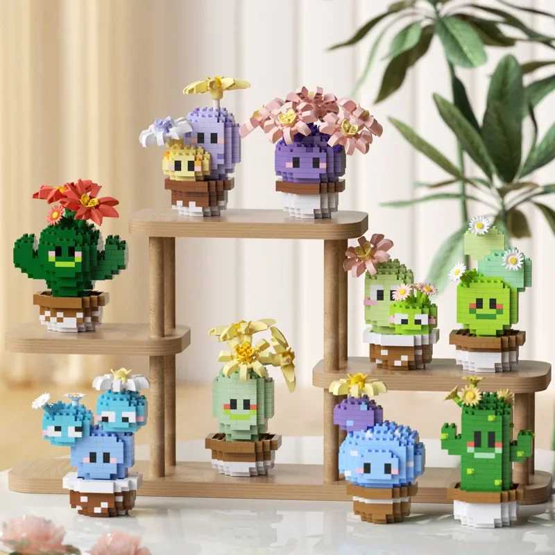 Free shipping Potting Building Blocks Mini Cactus Desktop Decoration Eternal Life Pollen Bowl DIY Assembly Model Childrens Toy Gift