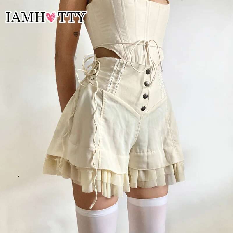 IAMHOTTY Sweet Mesh Tiered Ruffle Skirts Khaki Wide Form Side Bandage Cute Hot Pants Lolita Style Soft Girls Shorts Y2k