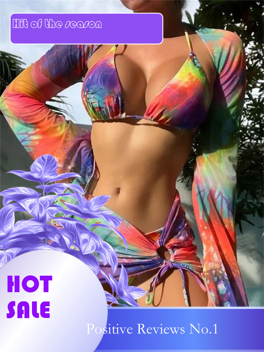 Dongdumaoyi Sexy Tie Dye Gradient Bikini Set Women Long Sleeve Cover Up Pleate Skirt Piece Swimsuit Beach Bathing Suit Thong Swimwear
