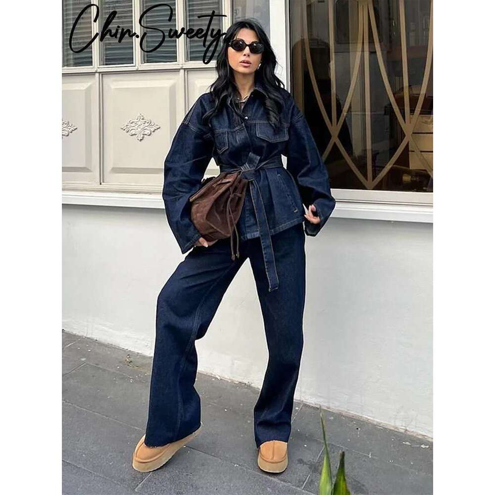 Vintage Belt Denim Jacket Pants Set Women Lapel Single Breasted Jackets High Waist Straight Pant 2025 Spring Lady New Outfit