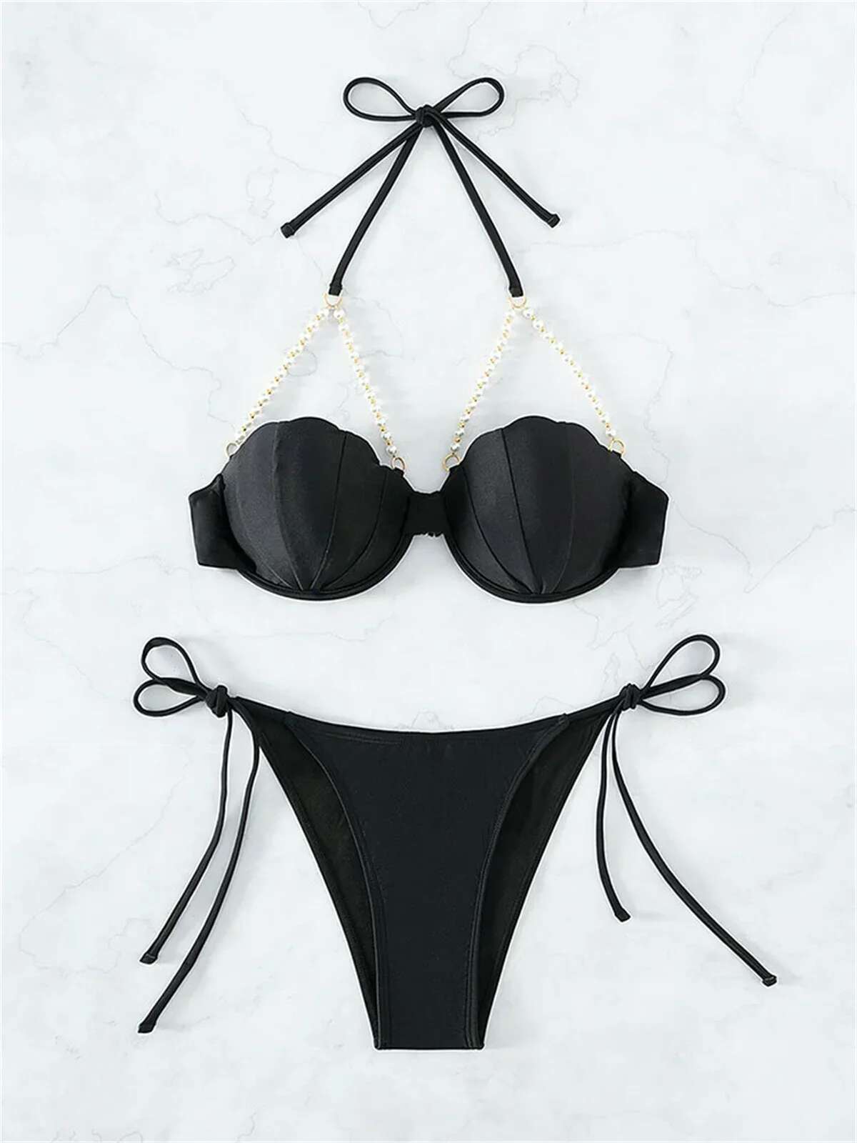 Dongdumaoyi Sexy Shell Shape Underwire Bikini Tie Side Thong Bikinis Swimwear Women Black Pearls Strap Push Up Bathing Suit Swimsuit