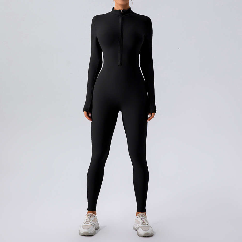 European American zipper nude long sleeved yoga women's sports and fiess training dance integrated jumpsuit, 2025 new casual versatile fashion cl