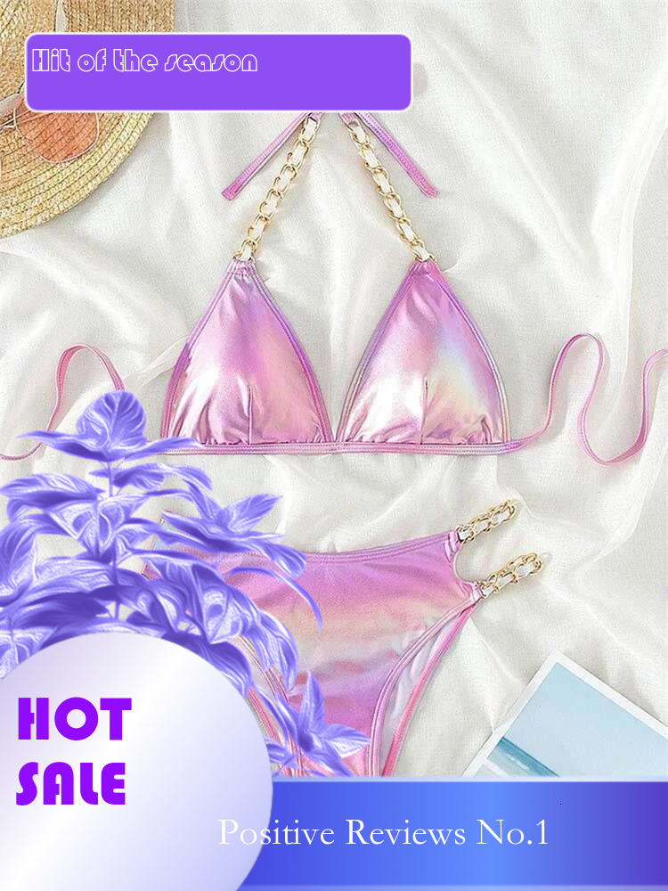 Dongdumaoyi Push Up Bikini Micro Bikinis Set Pink Gradient Metal Strap Swimsuit Women Sexy Cut Out Bathing Suit High Waist Swimwear