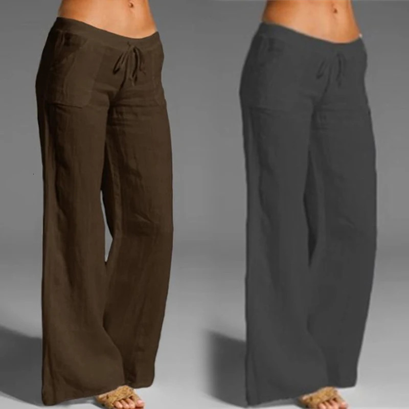 Women Cotton Linen Wide Leg Pants Fashion Elastic Drawstring Waist Straight Long Pants Loose Casual Solid Pockets Trousers 250408