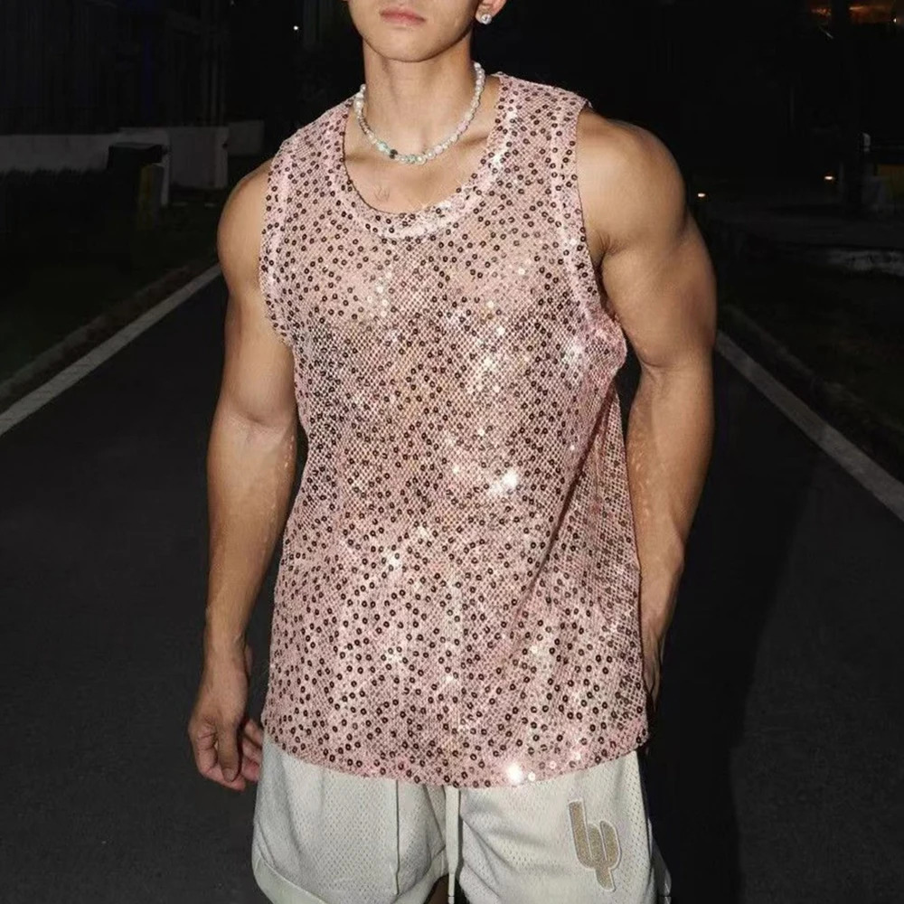 Mens vest mesh sequins sexy nightclub tank top summer fashion hollow stage performance sleeveless top mens clothing style 250402