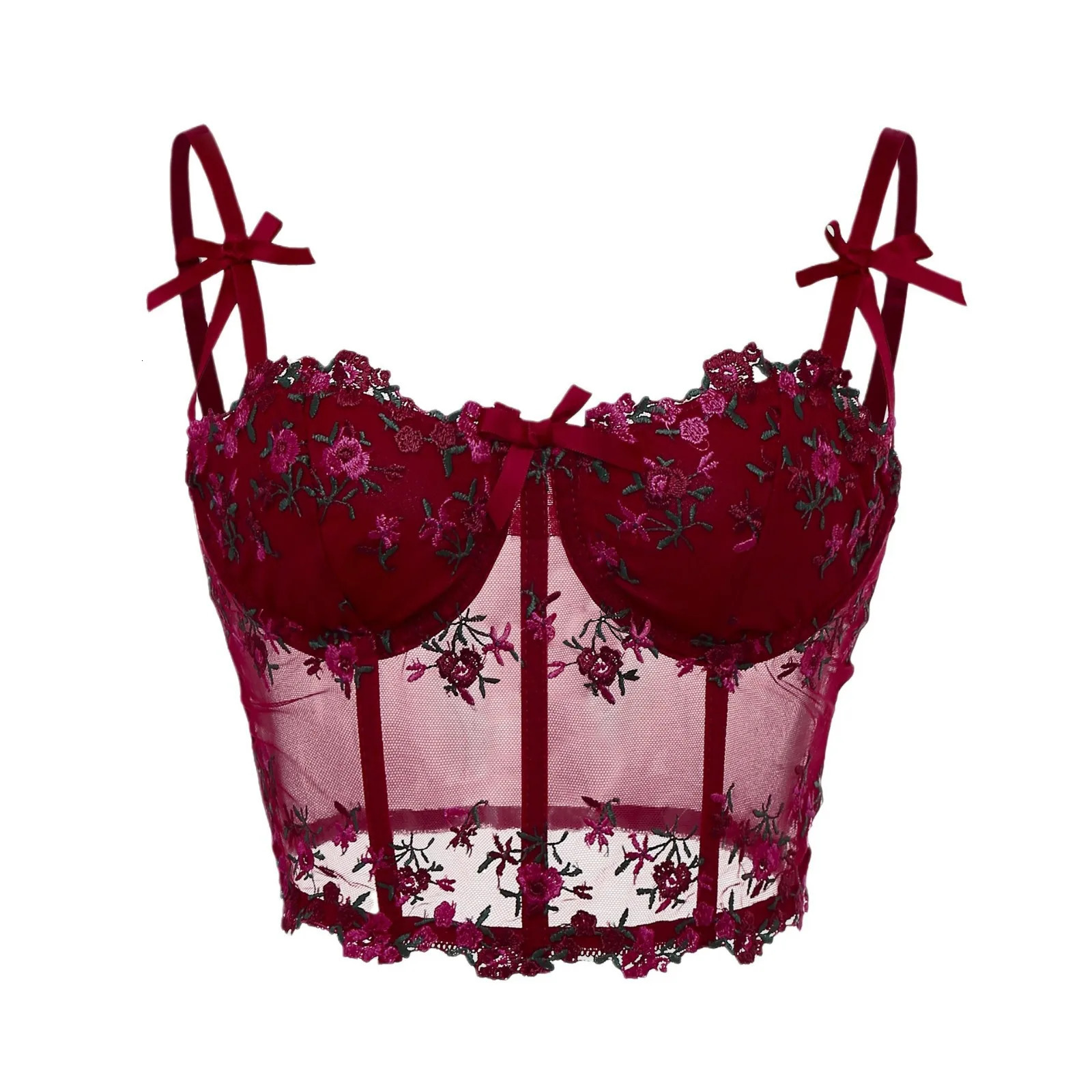 Sexy Lace Floral Embroidery Bow Corset For Women Camisole Sheer Mesh Fishbone Slim Crop Top Wired Bra Camis Festival Lingerie 250407